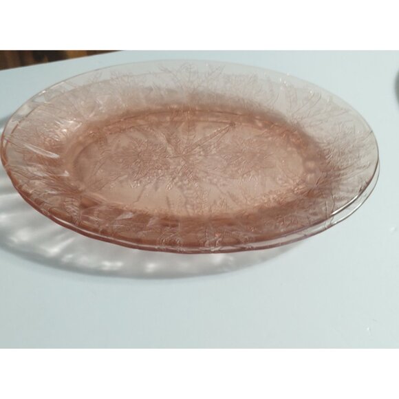 Vintage Jeannette Floral Poinsettia Pink Depression Glass Oval Platters set of 2 - Picture 8 of 11